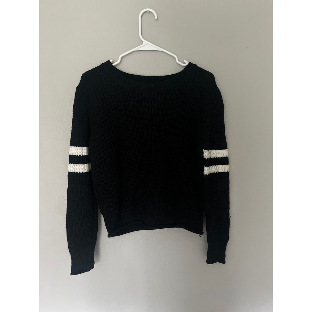 Charlotte Russe Black Striped Sleeve Crewneck Sweater Size S
